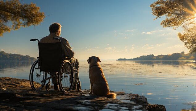 An elderly man in a wheelchair with a dog looking out over a serene seascape at sunset, created with generative ai