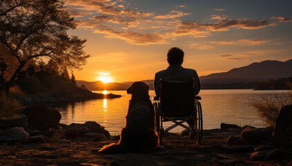 Obraz premium An elderly man in a wheelchair with a dog looking out over a serene seascape at sunset, created with generative ai
