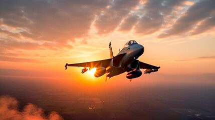 flying over the cities at sunset jet fighter f16 with great speed.Patrol of military combat aviation, protection of state borders concept. AI generated - obrazy, fototapety, plakaty