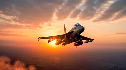 Papier Peint photo Avion flying over the cities at sunset jet fighter f16 with great speed.Patrol of military combat aviation, protection of state borders concept. AI generated