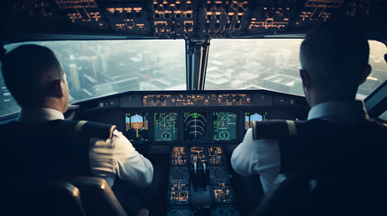 The cockpit of a modern passenger aircraft with a control panel, Pilots control the aircraft and fly over the city. Generative AI.