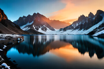 Fototapeta na wymiar White mountains at background in a lake reflection, calm concept