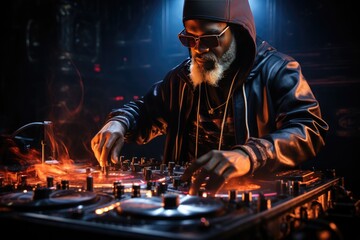 Dj spinning a record playing music, in the style of luminous light effects, created with generative ai