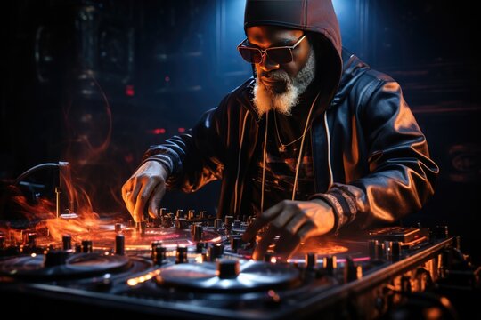 Dj spinning a record playing music, in the style of luminous light effects, created with generative ai