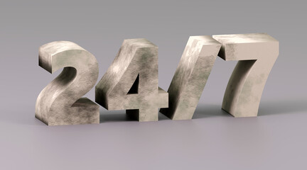 3d Concrete sign 24 7 on grey background concept