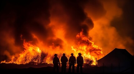 Silhouette of Firemen are fighting a huge fire. Generative AI