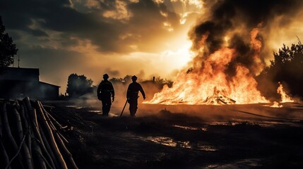 Silhouette of Firemen are fighting a huge fire. Generative AI