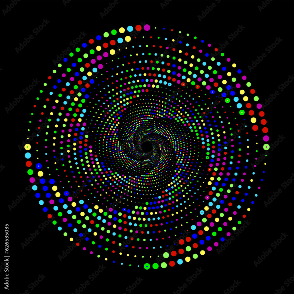Poster colorful dotted spiral vortex circle with 3d backdrop isolated on black background. circular swirl p