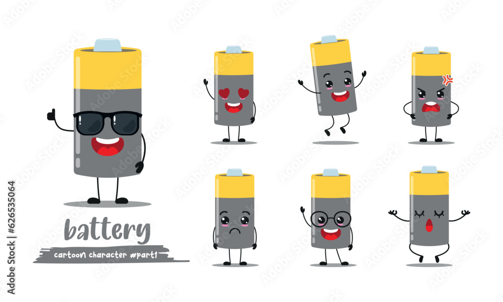 Wall mural cute battery cartoon with many expressions. different activity pose vector illustration flat design 