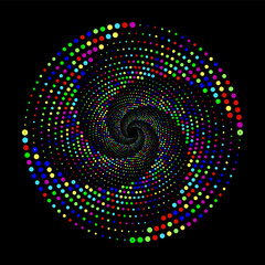 Colorful dotted spiral vortex circle with 3d backdrop isolated on black background. Circular swirl pattern vector illustration.