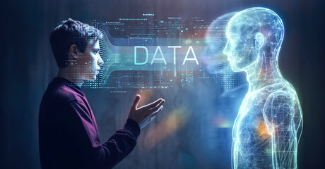 Robotics or ai artificial intelligence connecting data with human.Chat bot software network.big data and transfer protocol system.Neuralink with smart brain.ai generative technology