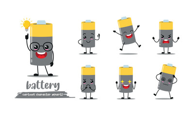 cute battery with many expressions. different activity pose vector illustration flat design set. - obrazy, fototapety, plakaty
