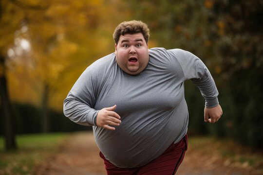 Overweight man running and jogging outdoors at dawn