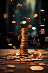 Generative ai: Stacks of gold coins on black background and concept saving money