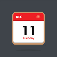 tuesday 11 december icon with black background, calender icon