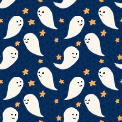 Hand drawn seamless pattern with white cute ghosts yellow stars on dark blue navy polka dot background. kawaii funny Halloween monster print for kids children nursery decor, scary spooky baby boy art.