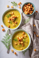 Homemade gherkins soup served with cream and croutons.