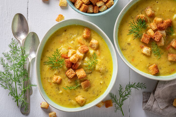 Tasty cucumber soup made of potatoes and gherkins.