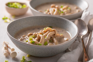 Creamy mushroom shimeji soup as Japanese appetizer.