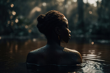 Back view african american woman floating in wild pond outdoors, young black woman in water in nature