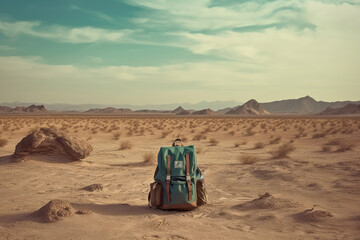 Travel Concept. Modern Backpack in the Desert Landscape extreme closeup. Generative AI