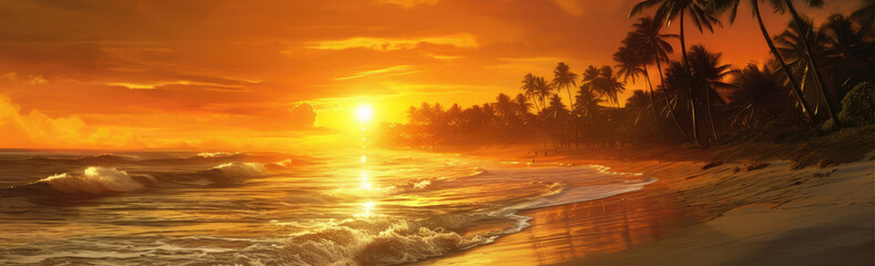 Fototapeta premium Sunset on the Ocean Sand Beach with Palm Trees Landscape extreme closeup. Generative AI