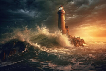 Obraz premium Lighthouse in a Big Waves Stormy Sea or Ocean and Dark Clouds Sky. Generative AI