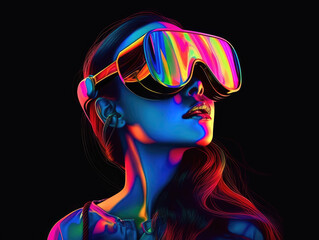 Naklejka premium Neon Woman With Virtual Reality Glasses extreme closeup. Generative AI