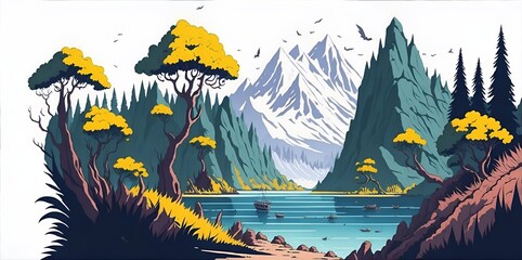 Beautiful highland forest. Cartoon. AI generated illustration