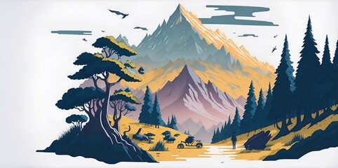 Beautiful highland forest. Cartoon. AI generated illustration
