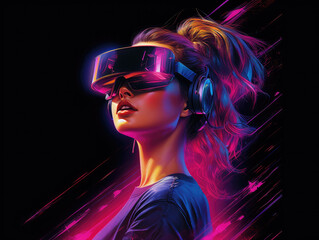 Neon Woman With Virtual Reality Glasses extreme closeup. Generative AI