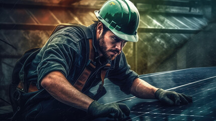 Solar Panel with Solar Panel Installer Man at Work extreme closeup. Generative AI