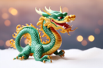 Fototapeta premium Traditional chinese dragon on festive golden bokeh background. Statuette of a green wooden dragon, 2024 New Year symbol. Chinese New Year, Christmas, winter holidays postcard. Green wooden dragon 2024