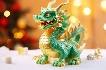 Fototapeta premium Traditional chinese dragon on festive golden bokeh background. Statuette of a green wooden dragon, 2024 New Year symbol. Chinese New Year, Christmas, winter holidays postcard. Green wooden dragon 2024