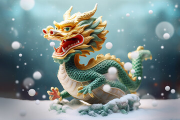 Obraz premium Traditional chinese dragon on festive golden bokeh background. Statuette of a green wooden dragon, 2024 New Year symbol. Chinese New Year, Christmas, winter holidays postcard. Green wooden dragon 2024