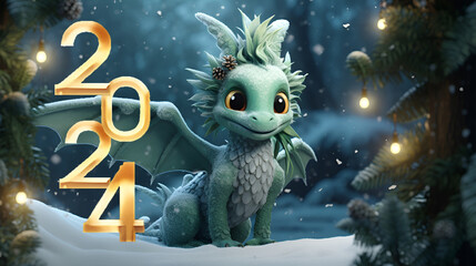 Cute smiling green cartoon girl dragon symbol of 2024 in a snowy fairytale forest with gold numbers 2024 and copy space. 2024 Happy New Year greeting card concept.