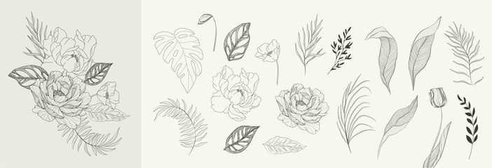 Floral branch and minimalist flowers for logo or tattoo. Hand drawn line wedding herb, elegant leaves - 626537482