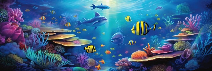 Breathtaking underwater scene with marine life, coral reef and colorful fish. Generative AI