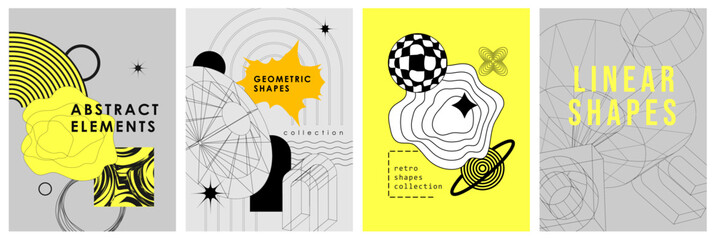 Trendy geometric set of posters. Simple shapes forms and frames inspired brutalism, abstract bauhaus and boho cosmic style