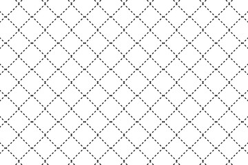 Vintage black and white dashed dots criss crossed lines quilted square grid pattern. Diagonal crossing dash stripes form a diamond rhombus structure background. Vector template.