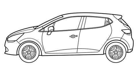 Outline drawing of a hatchback car from side view. Vector outline doodle illustration. Design for print or color book. - obrazy, fototapety, plakaty