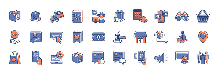Set of e-commerce shopping business icon set. Complete retail store business symbols collection. Shop, cart, promotion, delivery, customers, pin location, and more. Vector illustration.