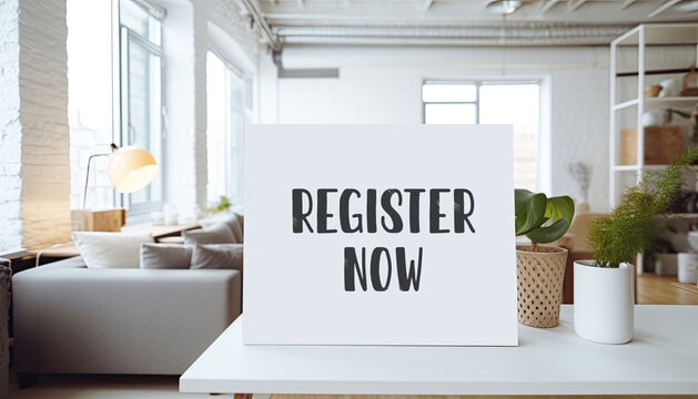 Register now sign on a white table in a bright living room. Generative AI illustrations