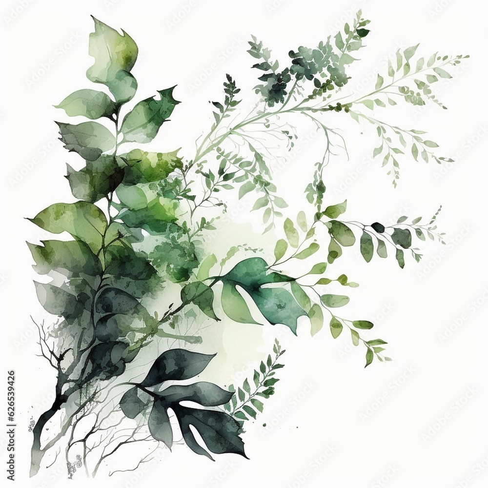 Wall mural Watercolor style green leaves and branches on white background