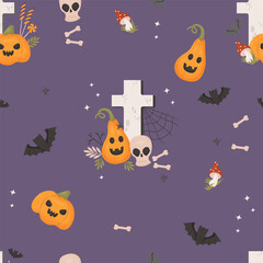 Fototapeta premium Spooky Halloween seamless pattern. Grave cemetery cross with pumpkin Jack and skull on purple background with bats. Vector illustration in cartoon style.