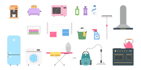 Set of appliances and cleaning tools for home. Doll house interior concept. Vector illustration. Cartoon flat style 