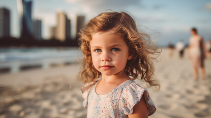 Portrait of little girl on the beach with Surfers Paradise skyscrapers in the background on the Gold Coast, Queensland Australia