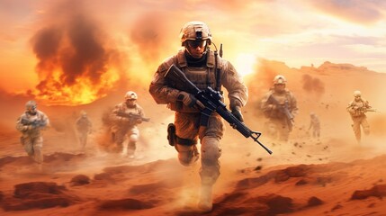 Obraz na płótnie Canvas First Light: A Dramatic, Photorealistic Portrait of a Ukrainian Special Forces Soldier and His Team in the Desert, Illuminated by the Rising Sun
