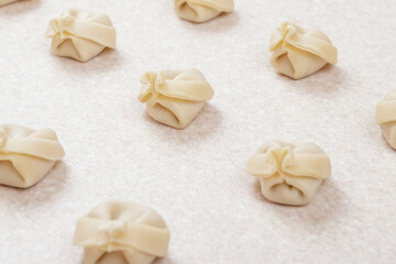 Uncooked dumplings on white table closeup. Homemade dumplings.