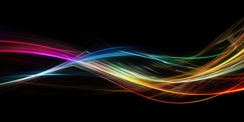 Colorful light trails with motion effect. Illustration of high speed light effect on black background. Generative AI